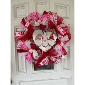 Pink Red & White Gnome Heart Roses Ribbon Mesh Valentines Day Wreath Door Hanger